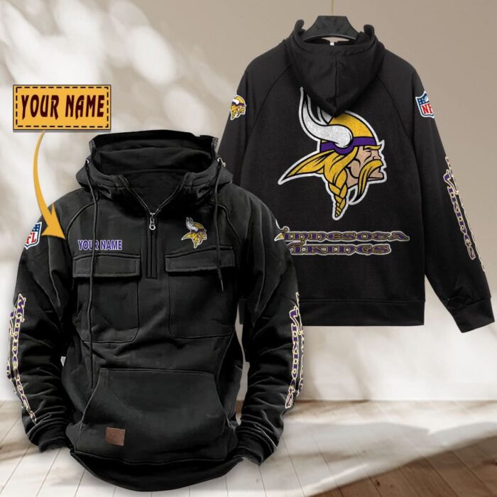 Minnesota Vikings NFL Personalized Multi Pocket Quarter Zip Vintage Hoodie WVH1052