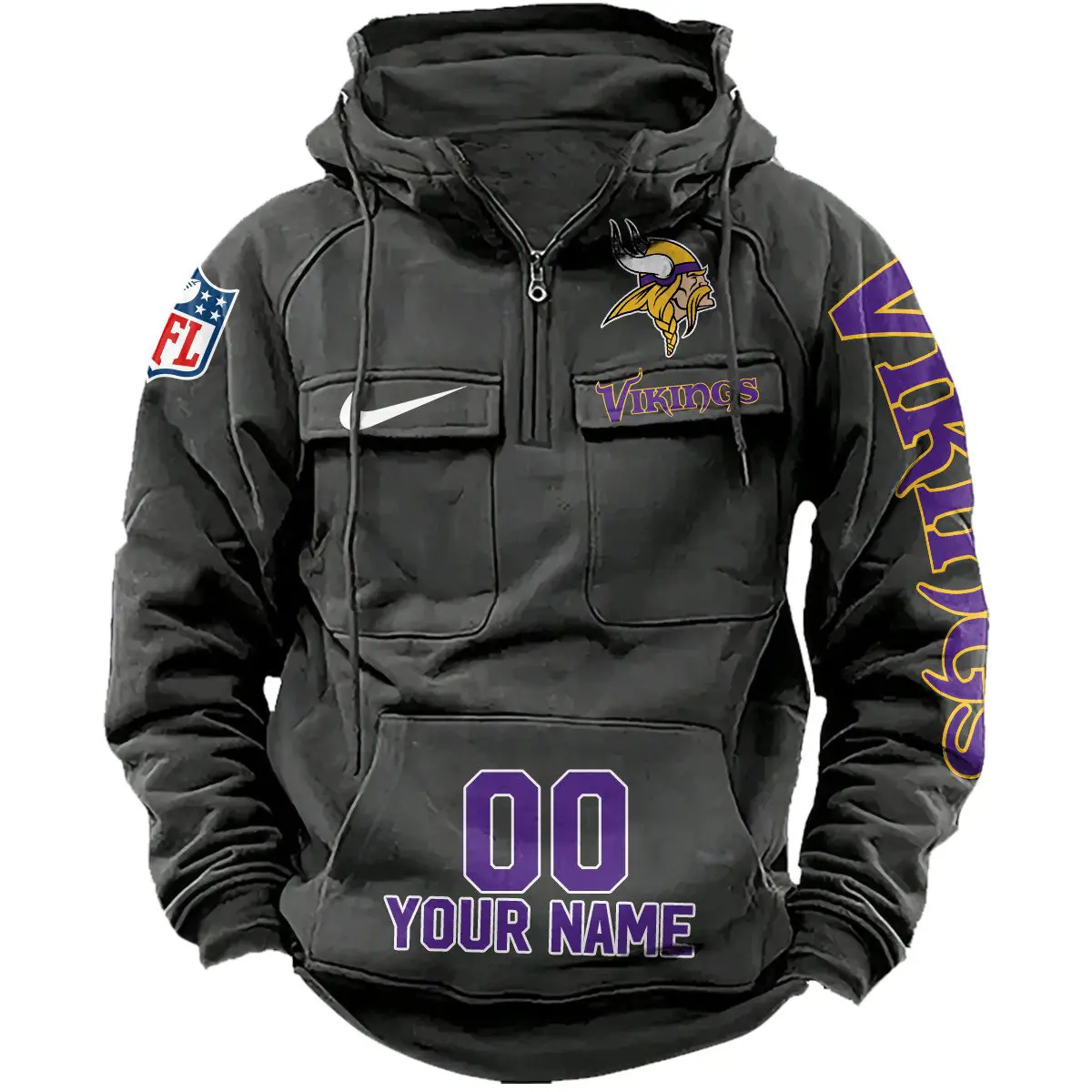 Minnesota Vikings NFL Swoosh Personalized Vintage Hoodie Quarter Zip Retro Hoodie WRH1019