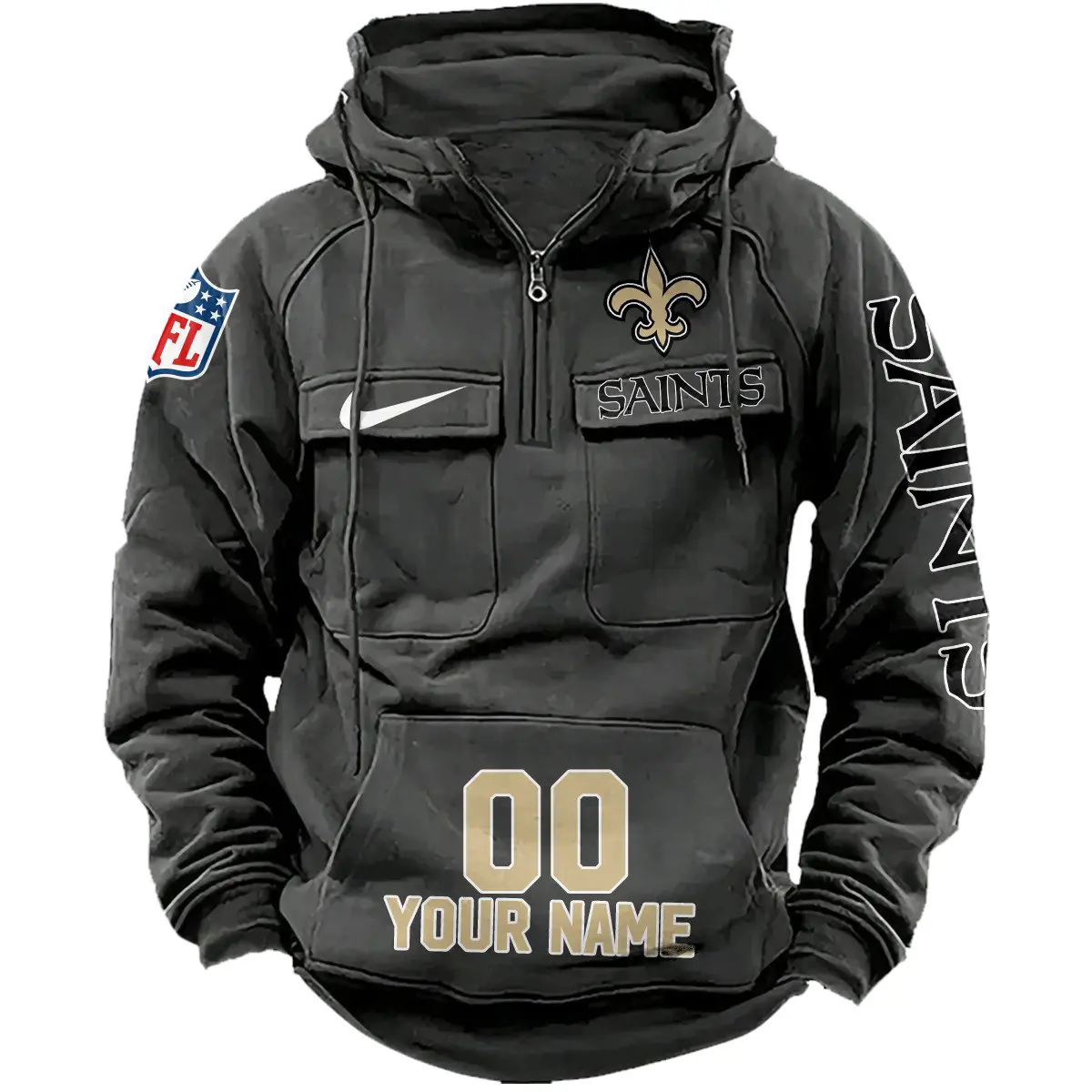 New Orleans Saints NFL Swoosh Personalized Vintage Hoodie Quarter Zip Retro Hoodie WRH1022