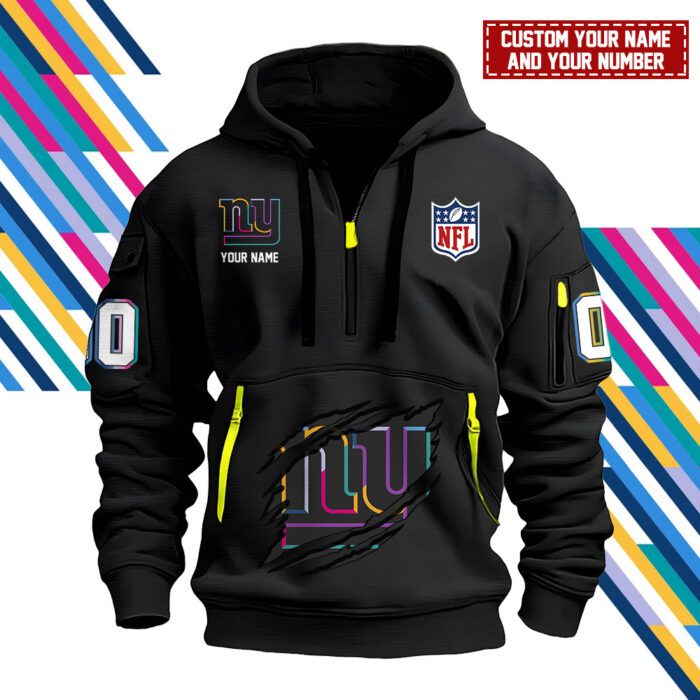 New York Giants Personalized NFL Crucial Catch Intercept Cancer 2024 Quarter Zip Hoodie WQH5147