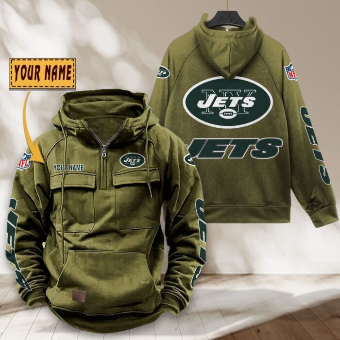 New York Jets NFL Personalized Multi Pocket Quarter Zip Vintage Hoodie WVH1056