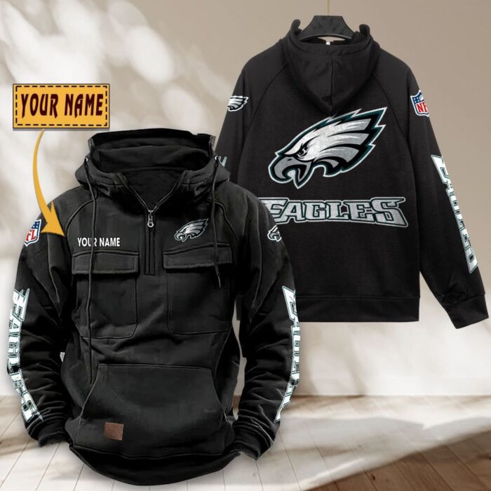 Philadelphia Eagles NFL Personalized Multi Pocket Quarter Zip Vintage Hoodie WVH1060