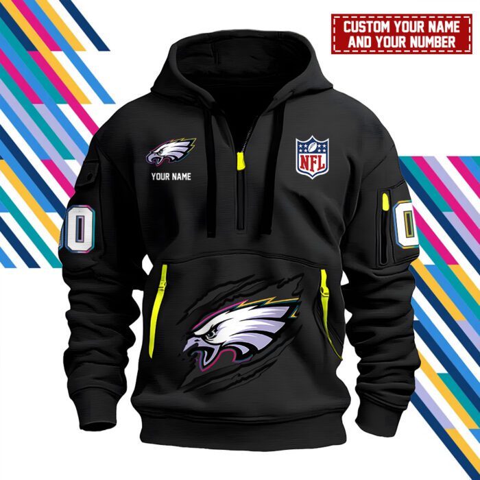 Philadelphia Eagles Personalized NFL Crucial Catch Intercept Cancer 2024 Quarter Zip Hoodie WQH5150