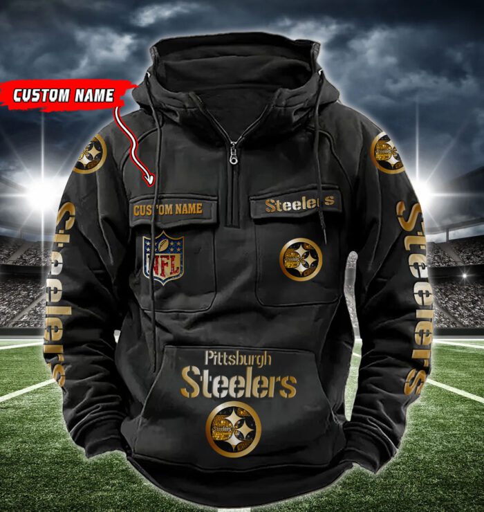 Pittsburgh Steelers NFL Golden Logo Quarter Zip Vintage Hoodie Custom Name WVH1026