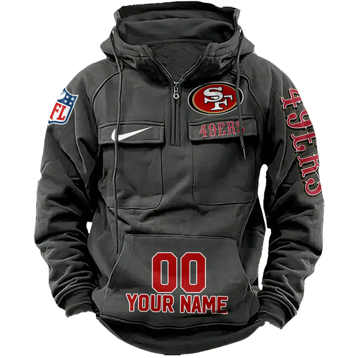 San Francisco 49ers NFL Swoosh Personalized Vintage Hoodie Quarter Zip Retro Hoodie WRH1031