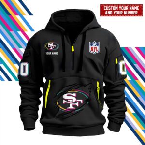 San Francisco 49ers Personalized NFL Crucial Catch Intercept Cancer 2024 Quarter Zip Hoodie WQH5153