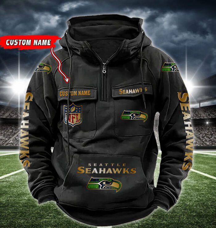 Seattle Seahawks NFL Golden Logo Quarter Zip Vintage Hoodie Custom Name WVH1028