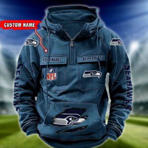 Seattle Seahawks NFL Vintage Hoodie Quarter Zip Retro Hoodie Custom Any Name  WRH1093