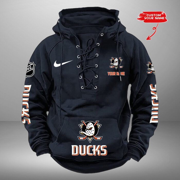 Anaheim Ducks NHL Swoosh Hooded Lace Up Retro Vintage Hoodie Custom Name