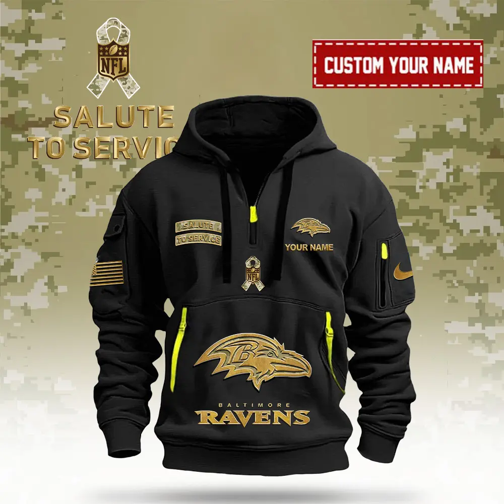 Baltimore Ravens NFL Veterans Day Salute To Service Custom Name Quarter Zip Hoodie