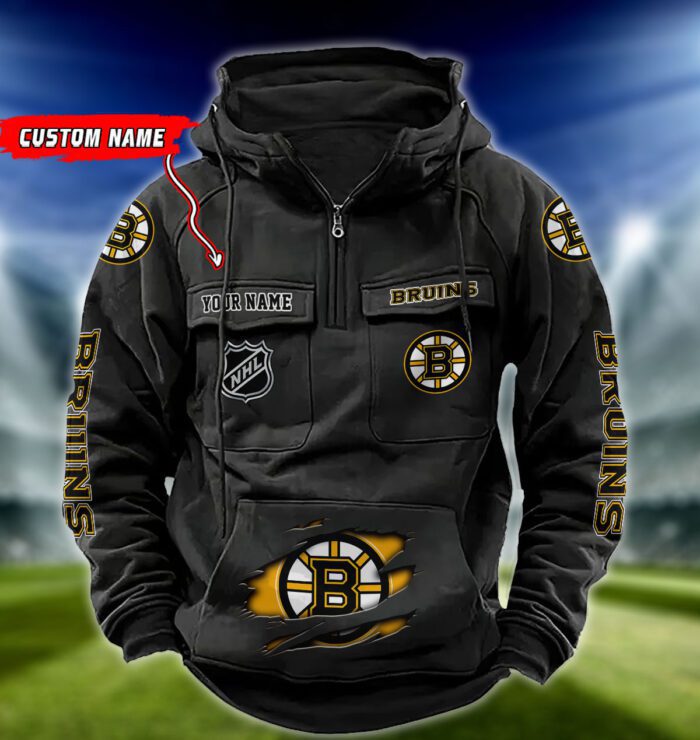 Boston Bruins NHL Hockey Vintage Quarter Zip Hoodie Retro Hoodie Custom Name WRH1002