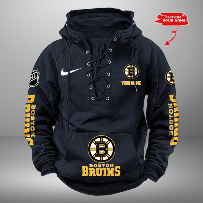 Boston Bruins NHL Swoosh Hooded Lace Up Retro Vintage Hoodie Custom Name