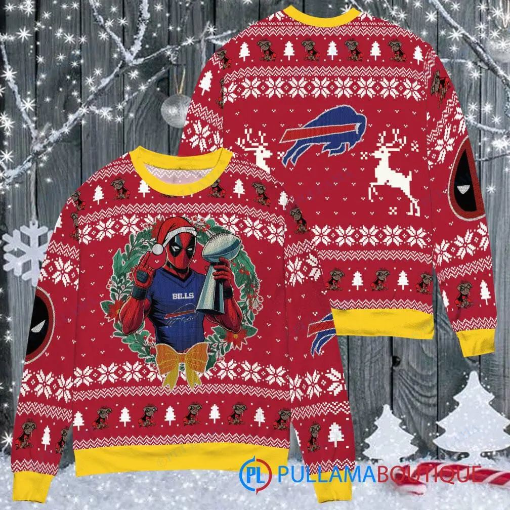 Buffalo Bills NFL Deadpool with Super Bowl Trophy Ugly Christmas Sweater FUL1068