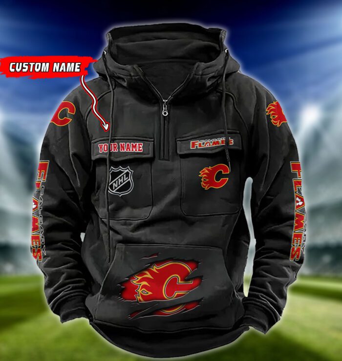 Calgary Flames NHL Hockey Vintage Quarter Zip Hoodie Retro Hoodie Custom Name WRH1003