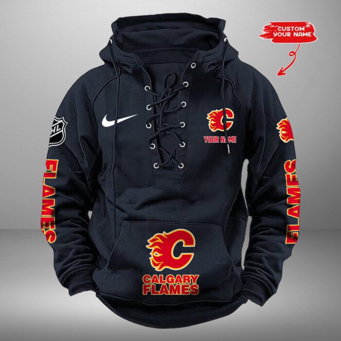 Calgary Flames NHL Swoosh Hooded Lace Up Retro Vintage Hoodie Custom Name