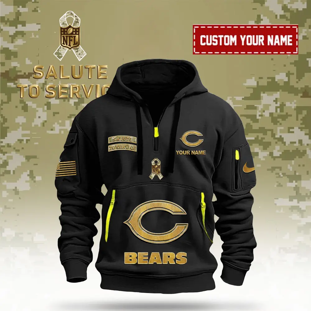 Chicago Bears NFL Veterans Day Salute To Service Custom Name Quarter Zip Hoodie