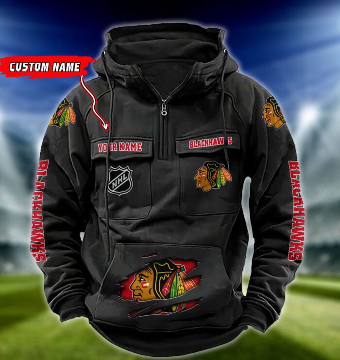 Chicago Blackhawks NHL Hockey Vintage Quarter Zip Hoodie Retro Hoodie Custom Name WRH1009