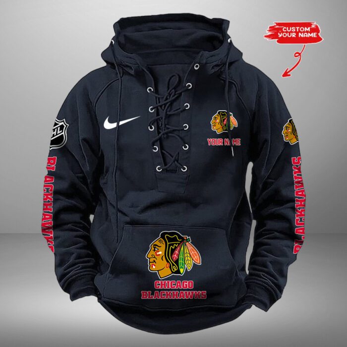 Chicago Blackhawks NHL Swoosh Hooded Lace Up Retro Vintage Hoodie Custom Name