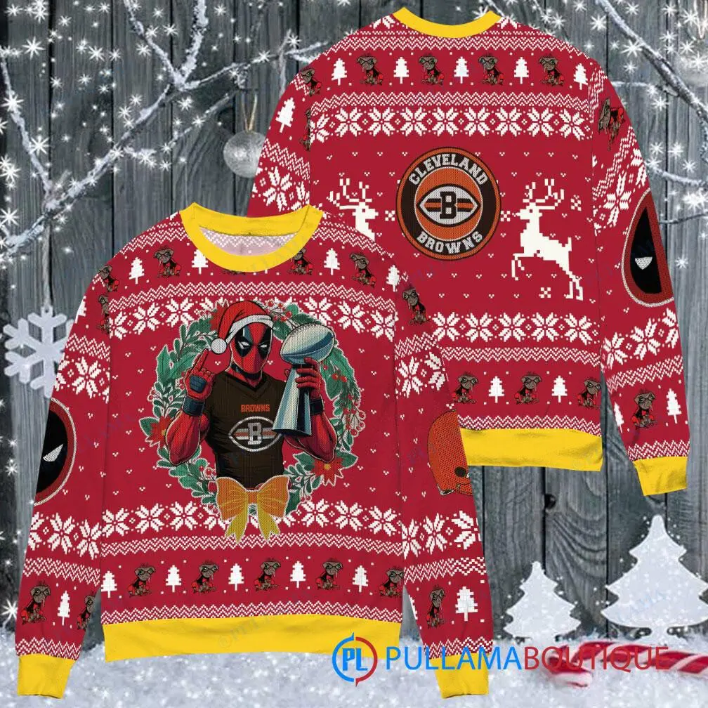 Cleveland Browns NFL Deadpool with Super Bowl Trophy Ugly Christmas Sweater FUL1066