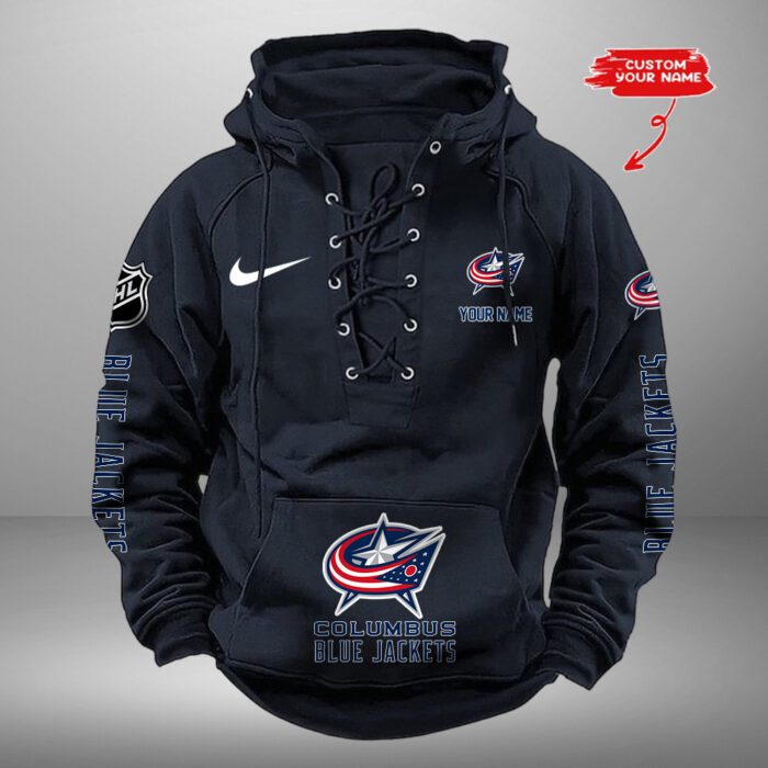 Columbus Blue Jackets NHL Swoosh Hooded Lace Up Retro Vintage Hoodie Custom Name