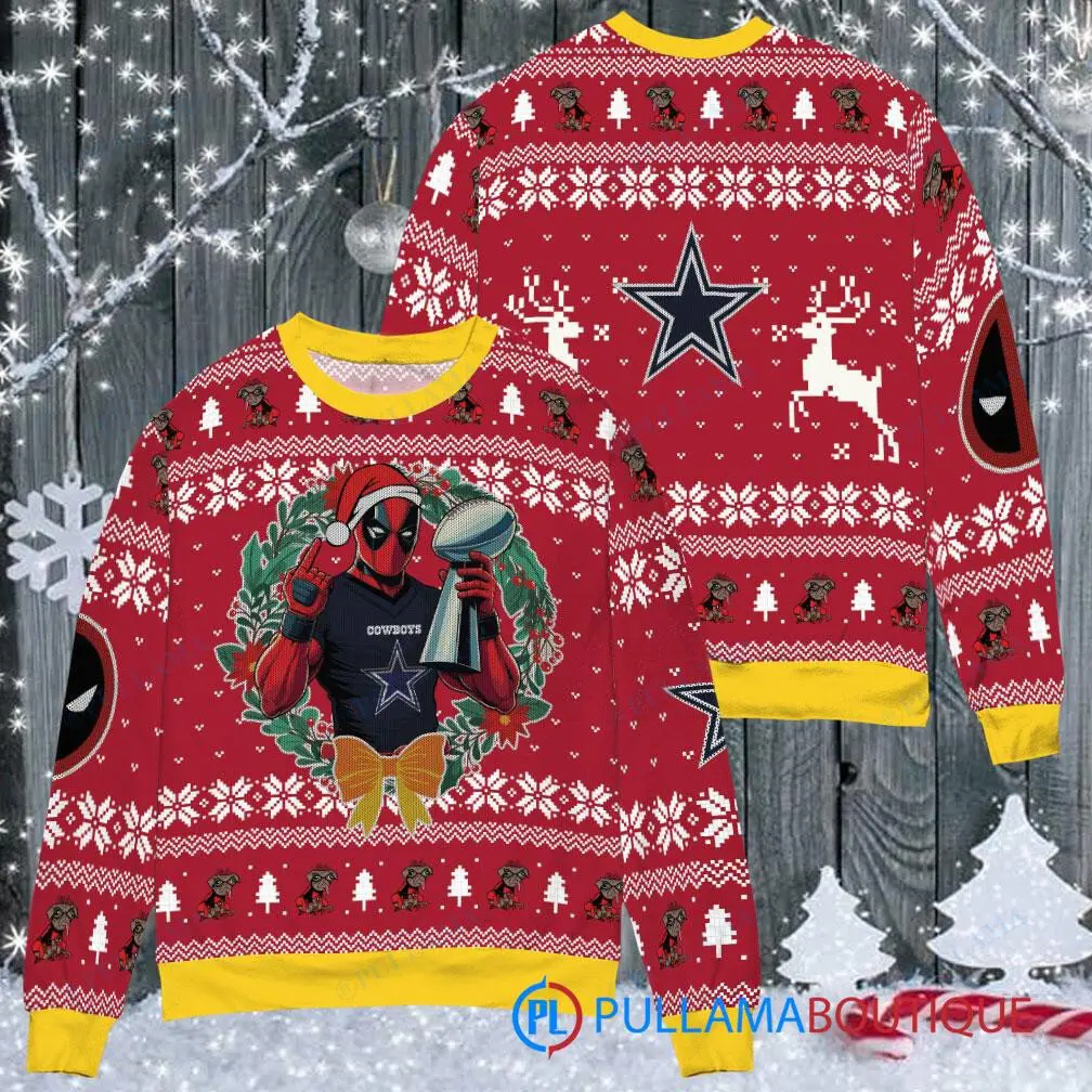 Dallas Cowboys NFL Deadpool with Super Bowl Trophy Ugly Christmas Sweater FUL1065