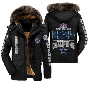 Dallas Cowboys NFL Super Bowl LVIII 2024 Champions Unisex Black Parka Jacket Fleece Coat Winter PJF1238