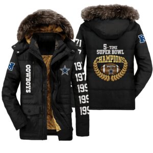 Dallas Cowboys NFL Time Super Bowl Champions City Design Unisex Black Parka Jacket Fleece Coat Winter PJF1236