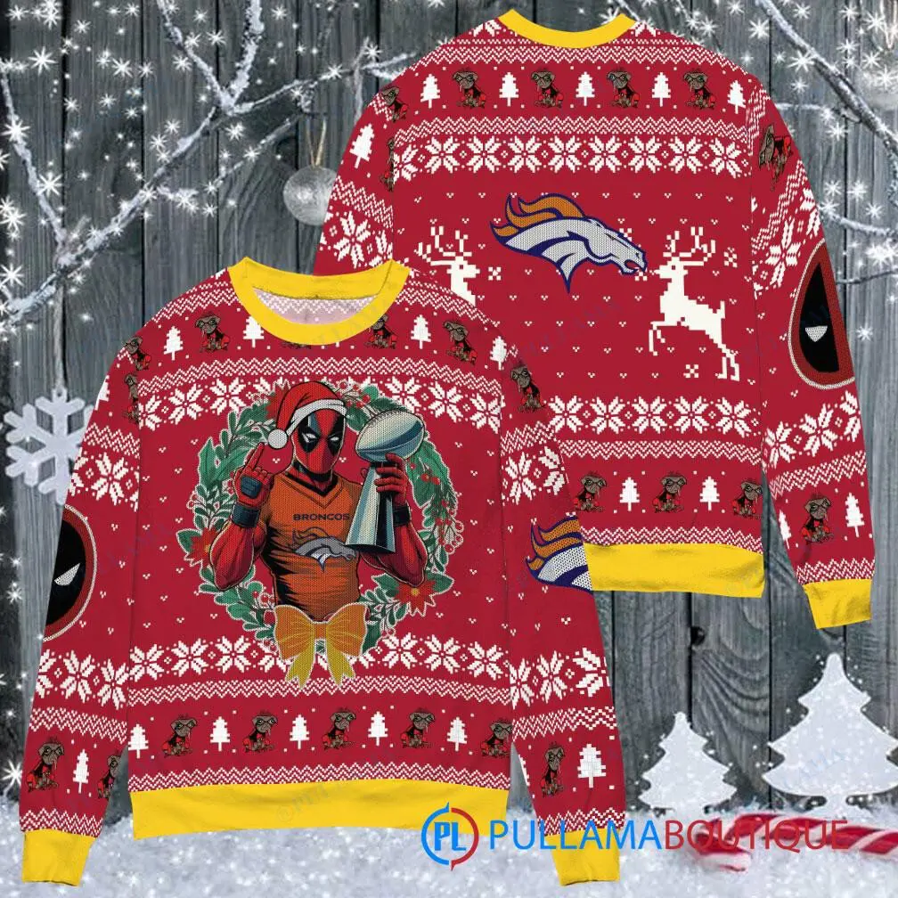 Denver Broncos NFL Deadpool with Super Bowl Trophy Ugly Christmas Sweater FUL1067