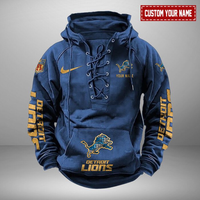 Detroit Lions NFL Personalized Swoosh Hooded Lace Up Hoodie Vintage Retro Hoodie