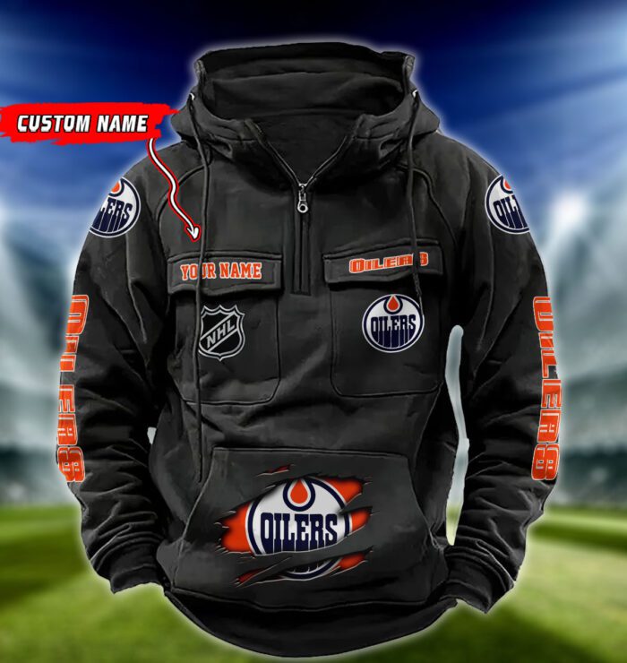 Edmonton Oilers NHL Hockey Vintage Quarter Zip Hoodie Retro Hoodie Custom Name WRH1010