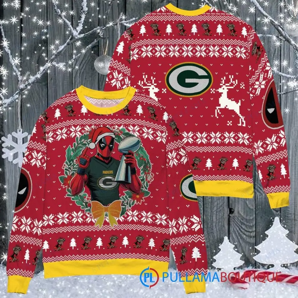 Green Bay Packers NFL Deadpool with Super Bowl Trophy Ugly Christmas Sweater FUL1071