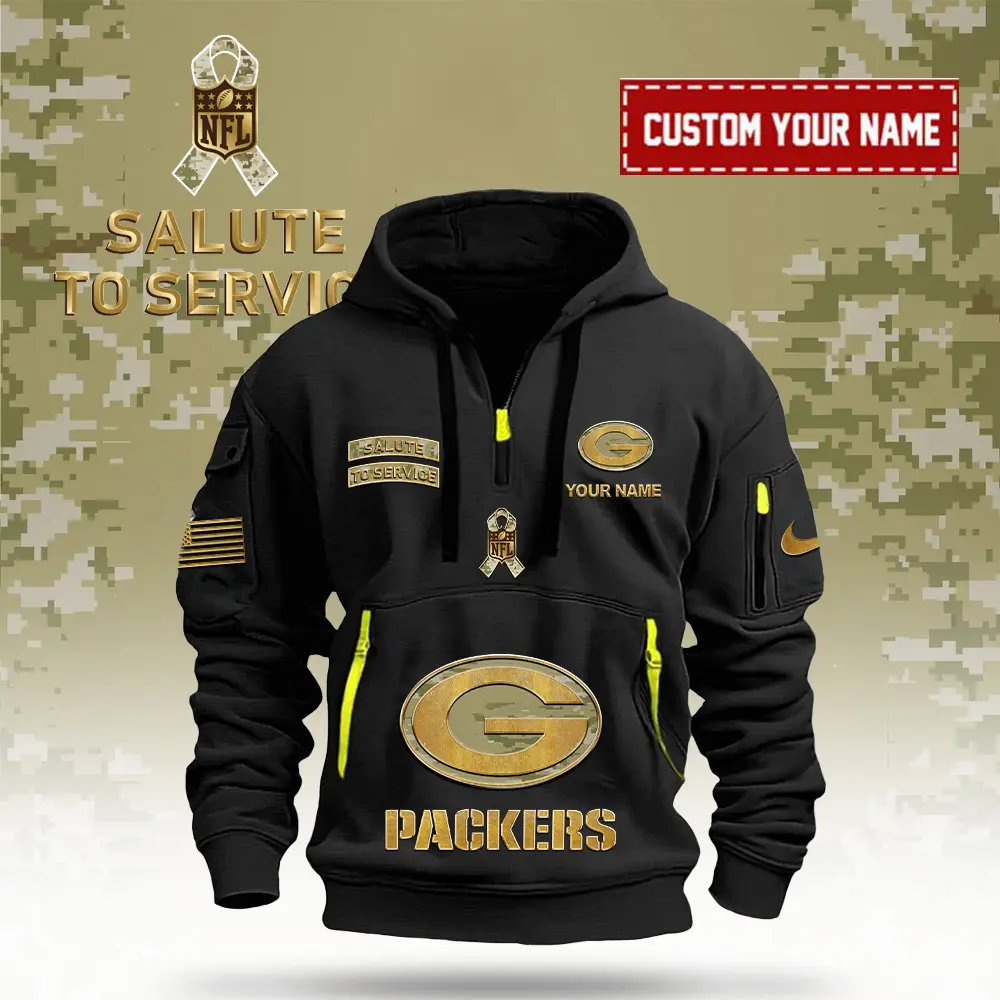 Green Bay Packers NFL Veterans Day Salute To Service Custom Name Quarter Zip Hoodie