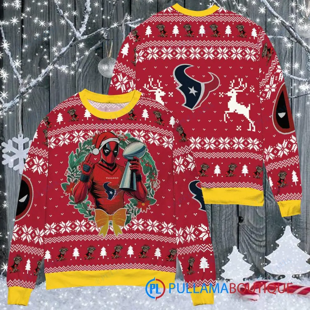 Houston Texans NFL Deadpool with Super Bowl Trophy Ugly Christmas Sweater FUL1070