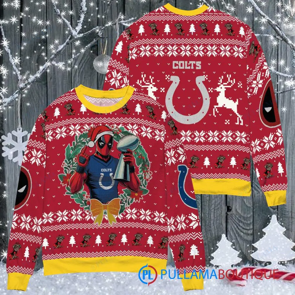 Indianapolis Colts NFL Deadpool with Super Bowl Trophy Ugly Christmas Sweater FUL1072