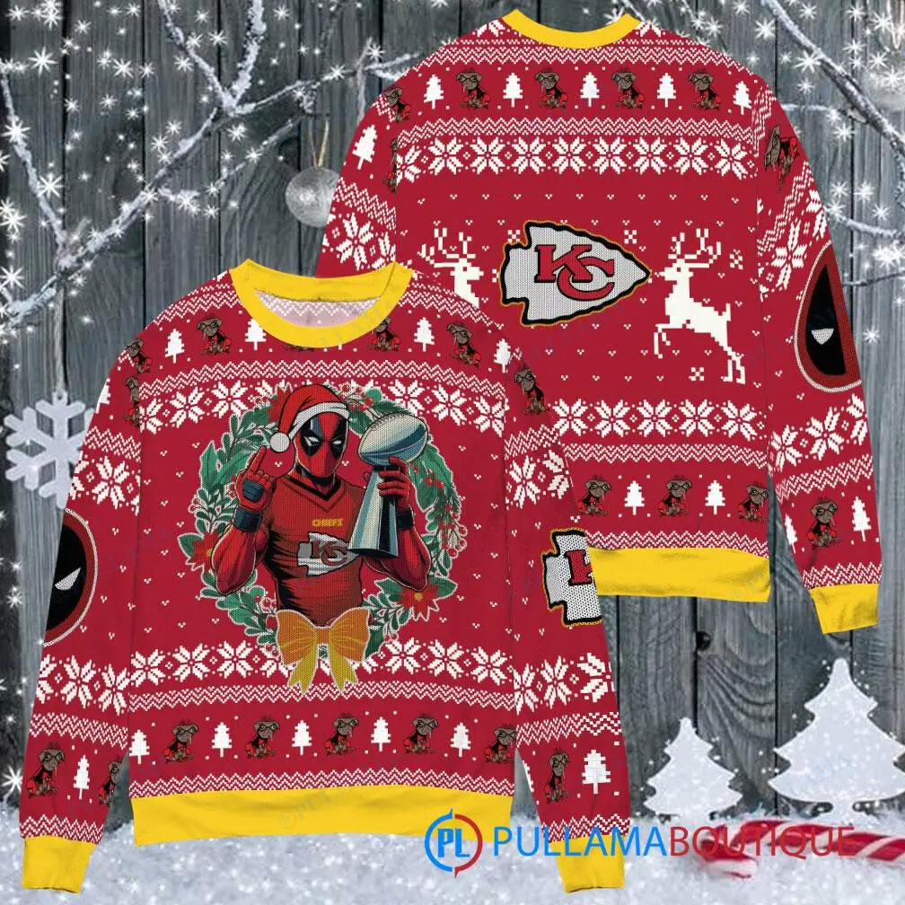 Kansas City Chiefs NFL Deadpool with Super Bowl Trophy Ugly Christmas Sweater FUL1073