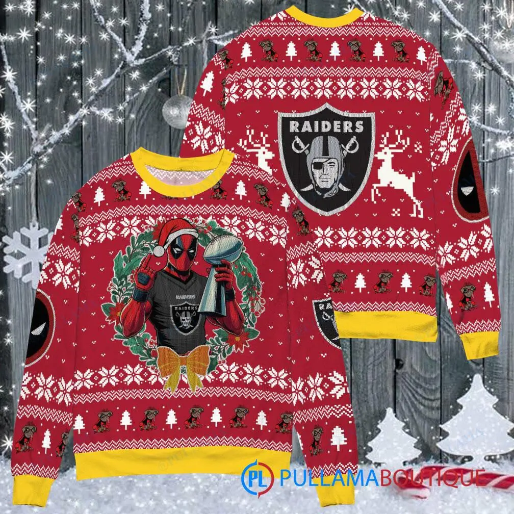 Las Vegas Raiders NFL Deadpool with Super Bowl Trophy Ugly Christmas Sweater FUL1074