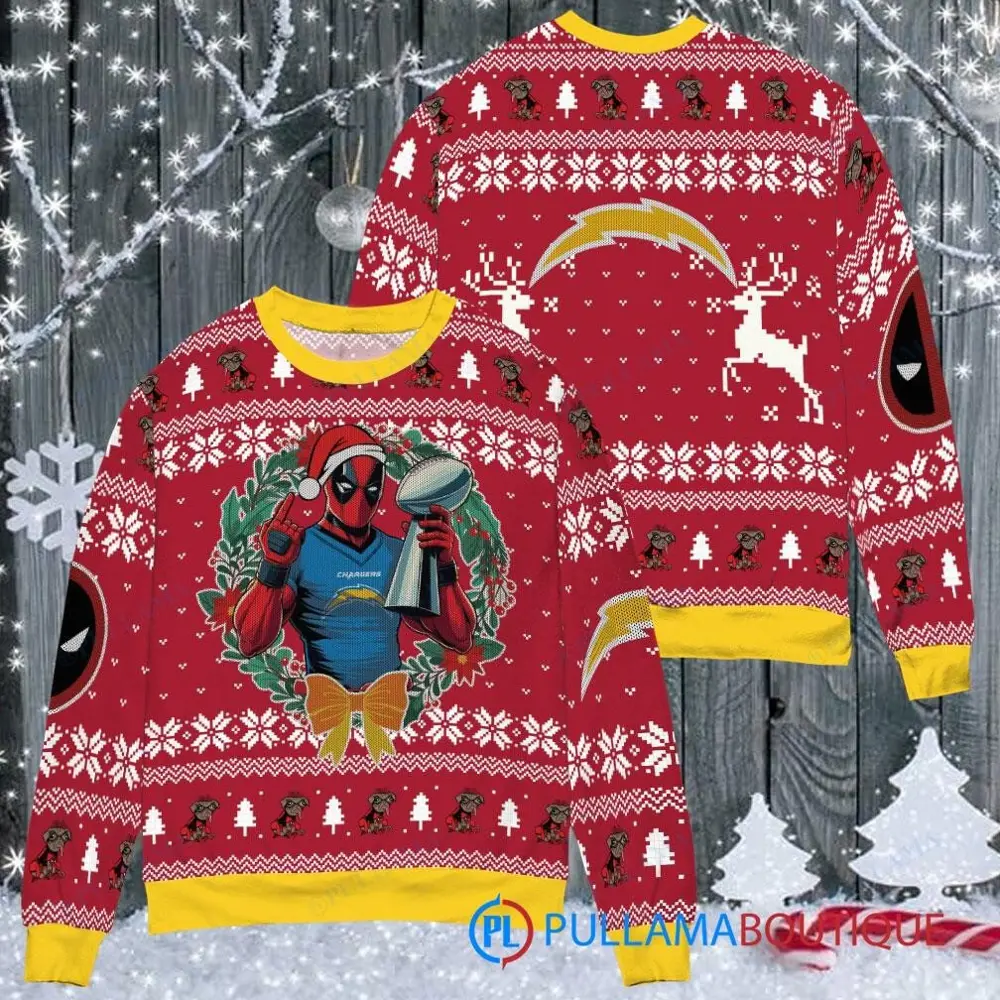 Los Angeles Chargers NFL Deadpool with Super Bowl Trophy Ugly Christmas Sweater FUL1075