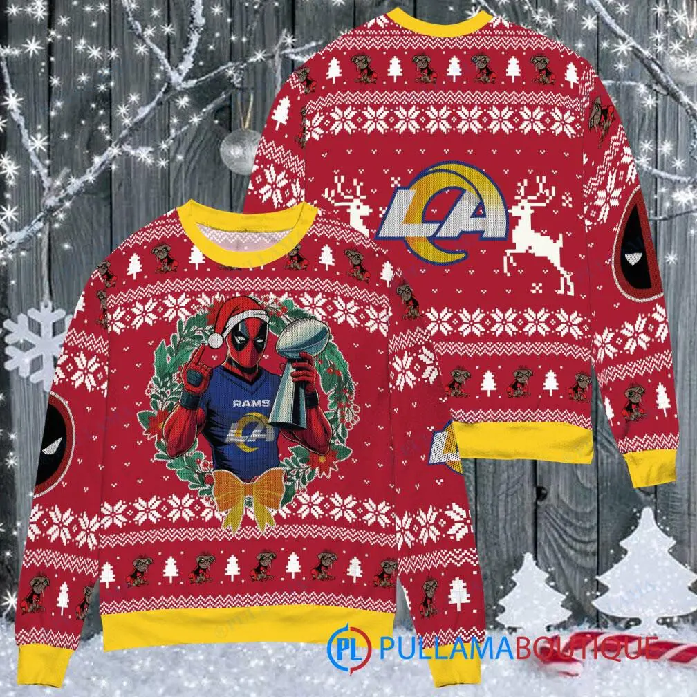 Los Angeles Rams NFL Deadpool with Super Bowl Trophy Ugly Christmas Sweater FUL1078