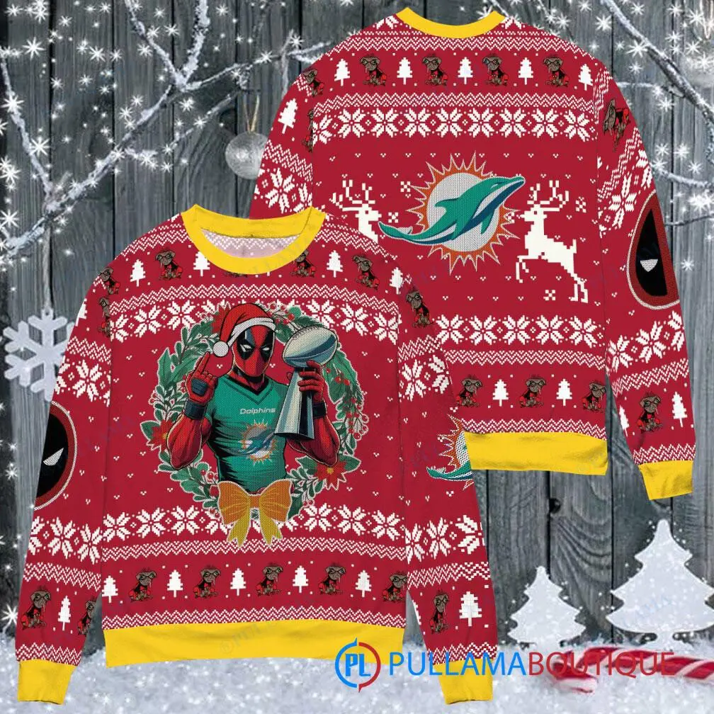 Miami Dolphins NFL Deadpool with Super Bowl Trophy Ugly Christmas Sweater FUL1076