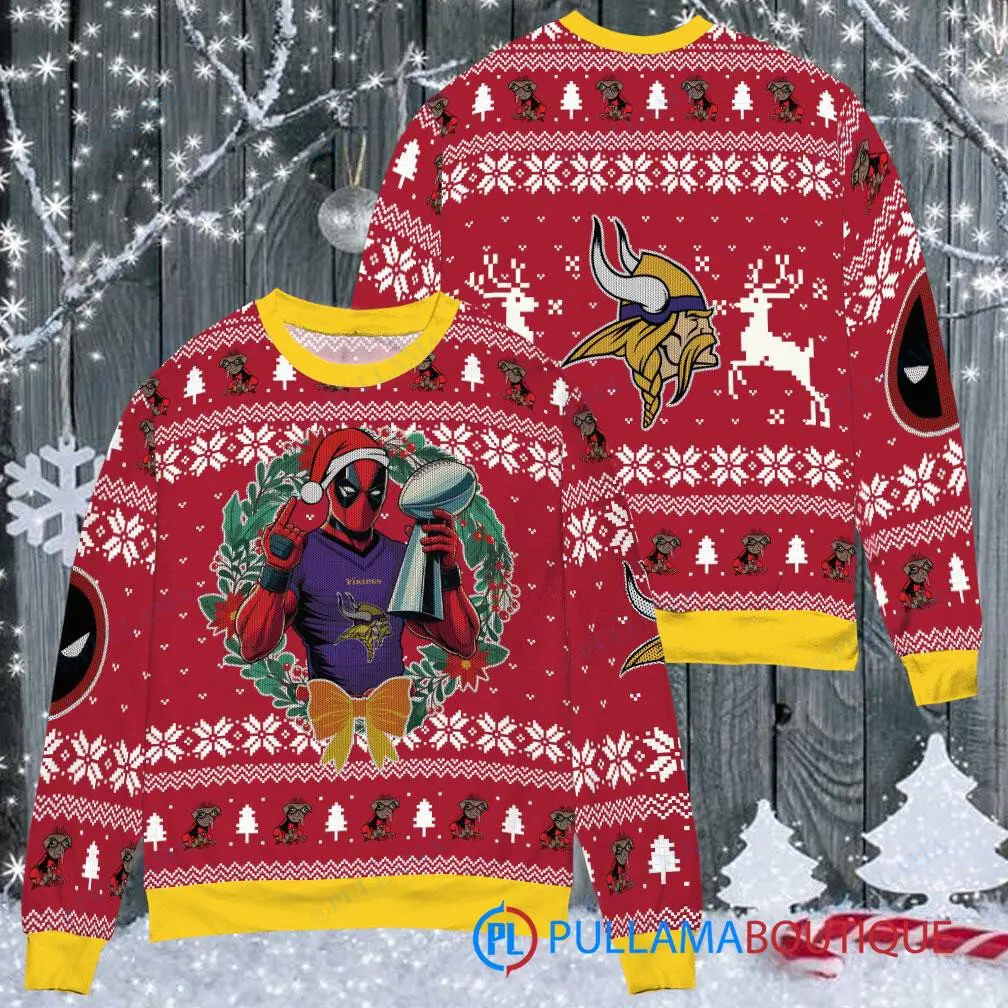 Minnesota Vikings NFL Deadpool with Super Bowl Trophy Ugly Christmas Sweater FUL1079