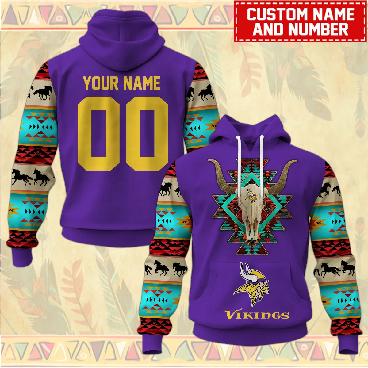 Minnesota Vikings NFL Native American Pattern Hoodie Custom Name/Number Unisex Performance Hoodie