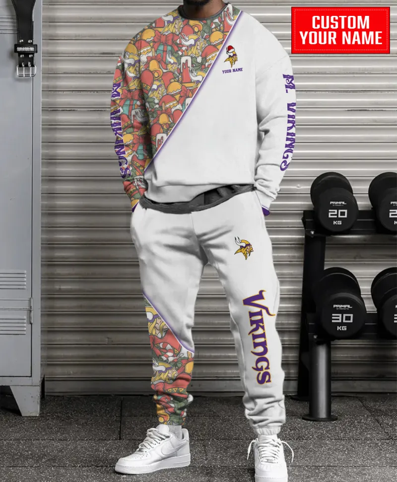 Minnesota Vikings Personalized NFL Christmas Pattern Unisex Combo Sweater And Sweatpants - White CHS1086