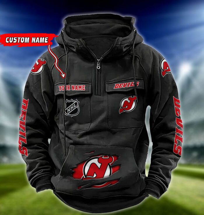 New Jersey Devils NHL Hockey Vintage Quarter Zip Hoodie Retro Hoodie Custom Name WRH1016