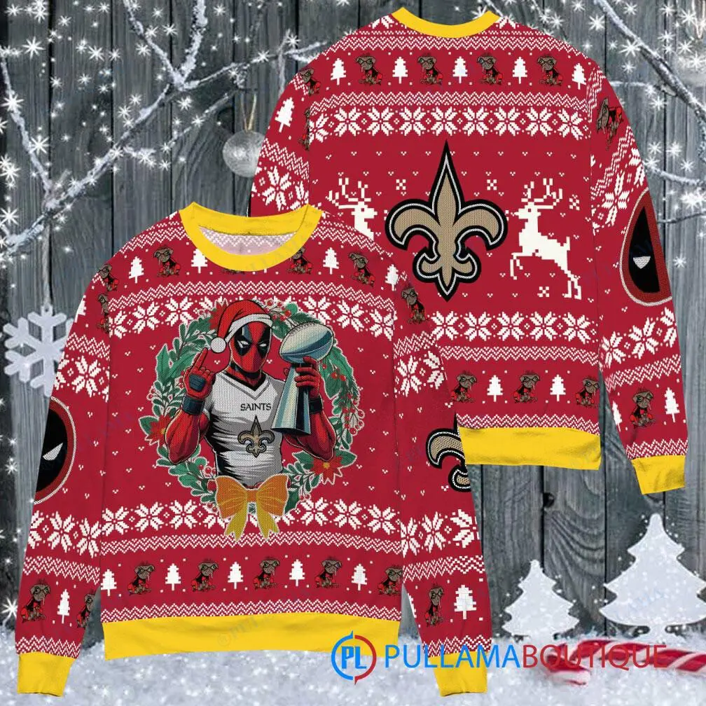 New Orleans Saints NFL Deadpool with Super Bowl Trophy Ugly Christmas Sweater FUL1080