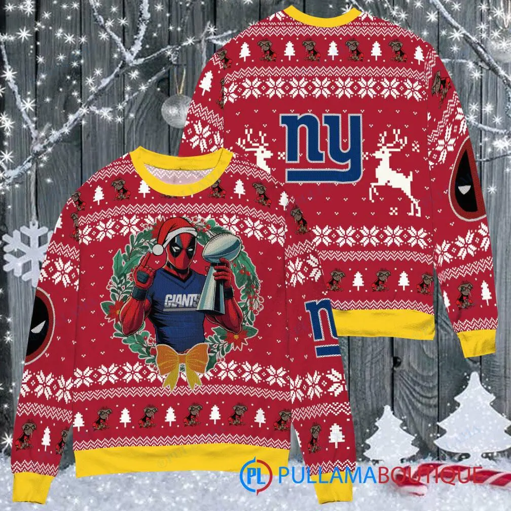 New York Giants NFL Deadpool with Super Bowl Trophy Ugly Christmas Sweater FUL1083