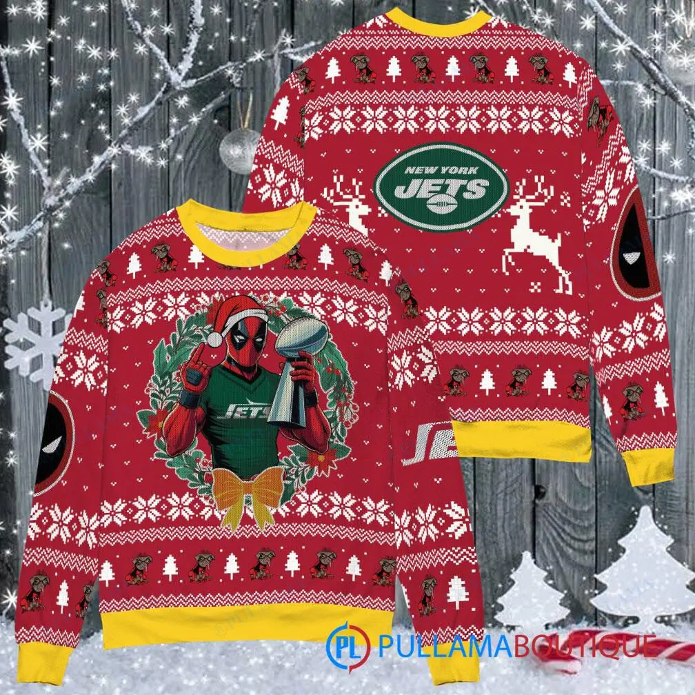 New York Jets NFL Deadpool with Super Bowl Trophy Ugly Christmas Sweater FUL1084