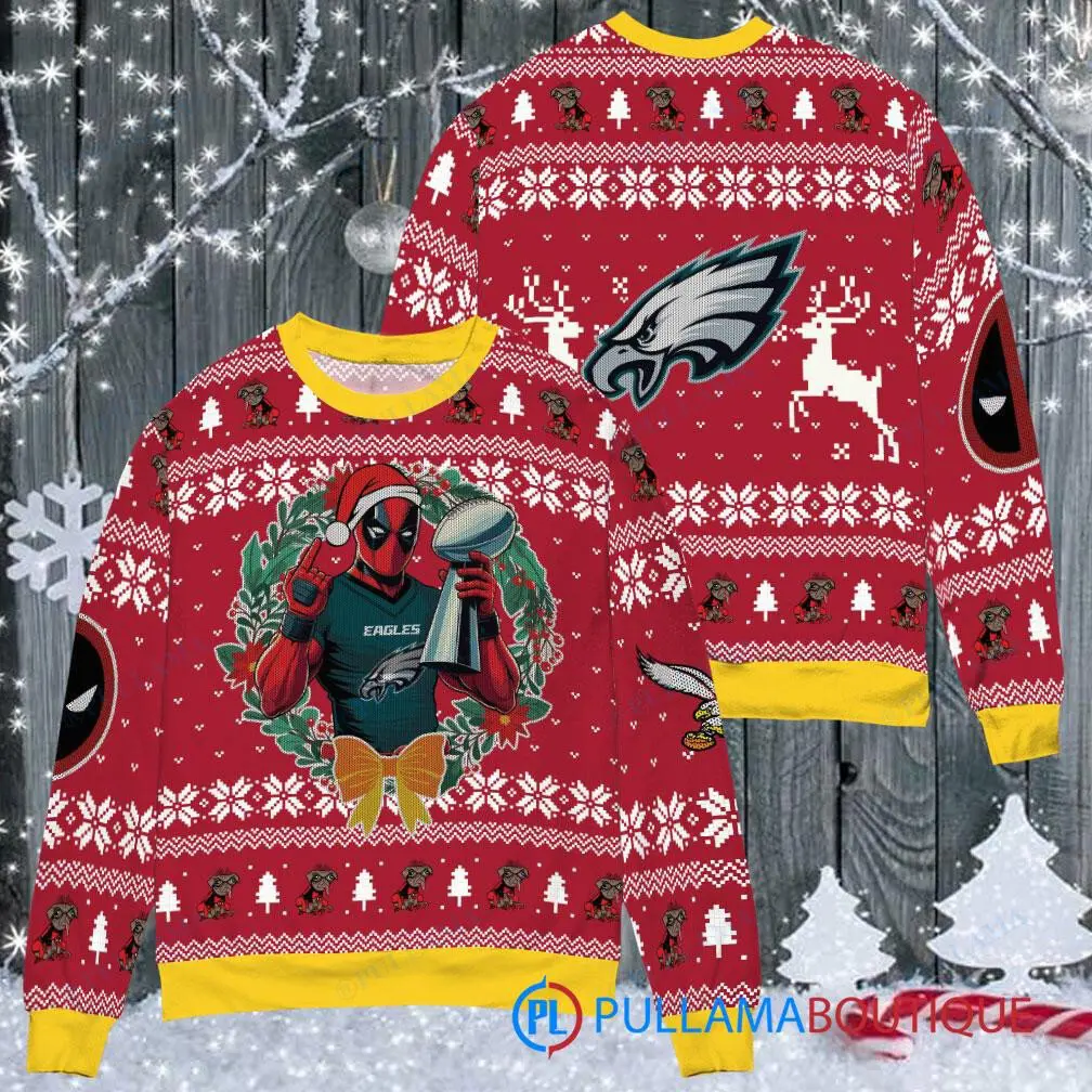 Philadelphia Eagles NFL Deadpool with Super Bowl Trophy Ugly Christmas Sweater FUL1081