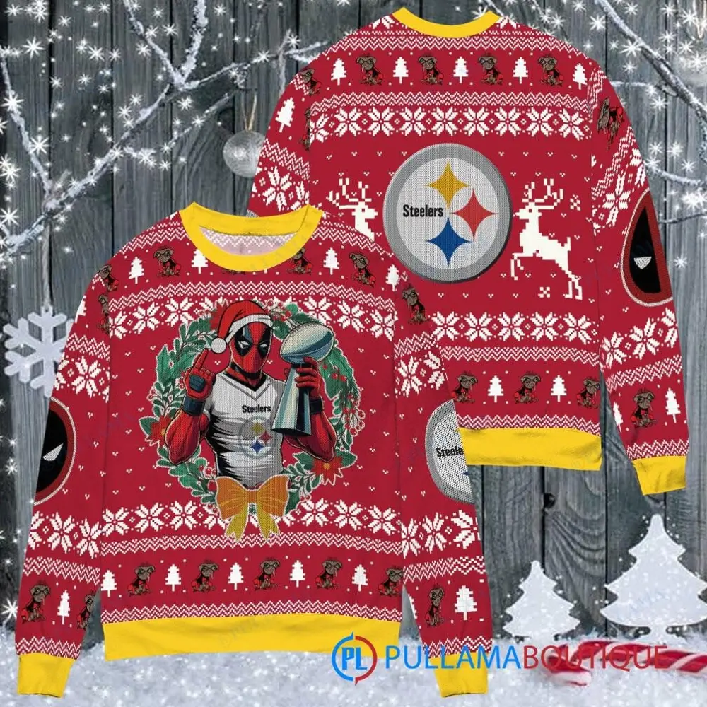 Pittsburgh Steelers NFL Deadpool with Super Bowl Trophy Ugly Christmas Sweater FUL1089