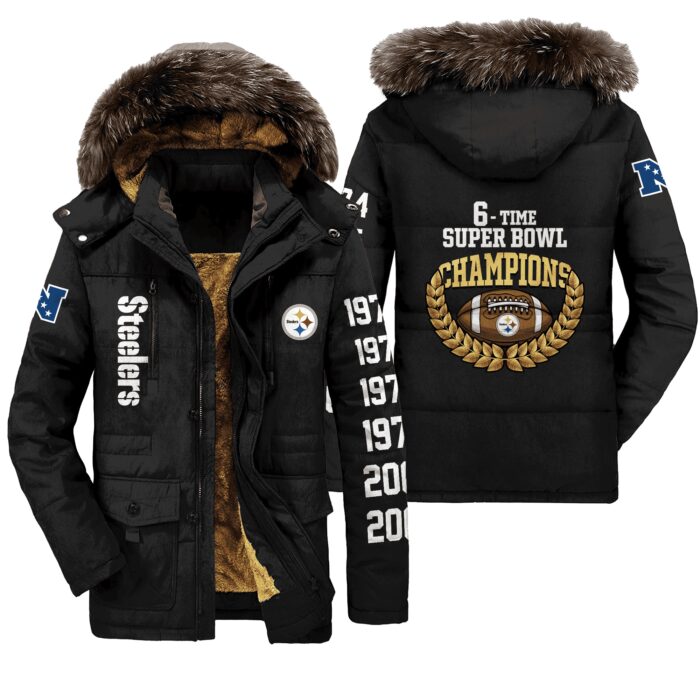 Pittsburgh Steelers NFL Time Super Bowl Champions City Design Unisex Black Parka Jacket Fleece Coat Winter PJF1232