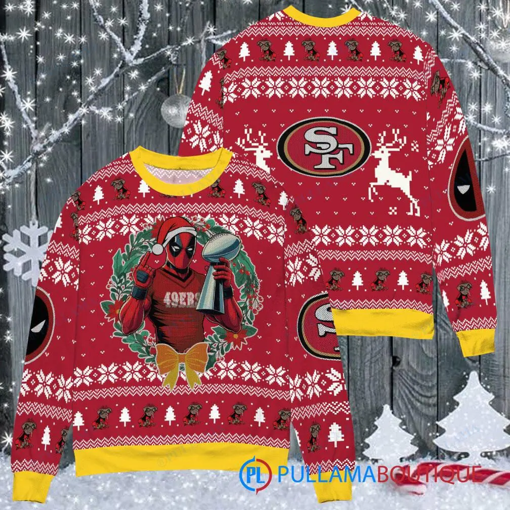 San Francisco 49ers NFL Deadpool with Super Bowl Trophy Ugly Christmas Sweater FUL1090